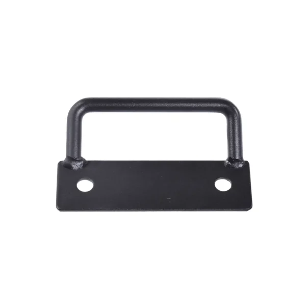 The Ironmaster Bench Handle is a black rectangular metal handle with a sturdy design similar to the Ironmaster Super Bench PRO. It includes a mounting plate with two circular holes, making it perfect for integrating into your workout exercise bench setup.