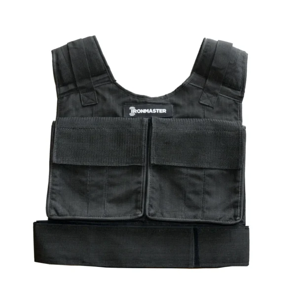 An Ironmaster Ultimate Training Vest in black features adjustable straps and Velcro pockets on the front. The vest is laid flat against a white background, with the Ironmaster brand logo prominently displayed at the top.
