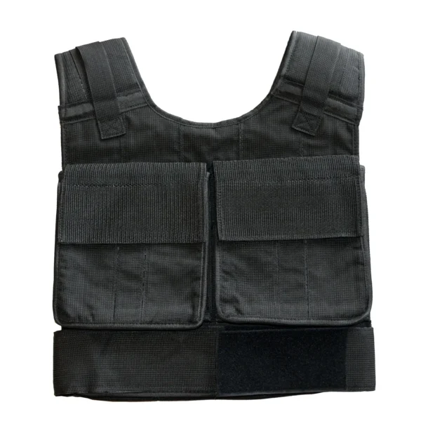 The Ironmaster Ultimate Training Vest, in black, features adjustable straps and two large front pockets for carrying equipment. It is displayed laid flat against a white background.