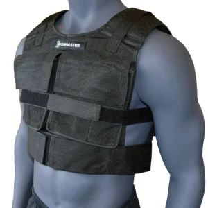 The Ironmaster Ultimate Training Vest, displayed on a mannequin, showcases a stylish black design with adjustable straps. This fitness vest is ideal for strength training and includes multiple pockets for weights to amplify your workout experience.