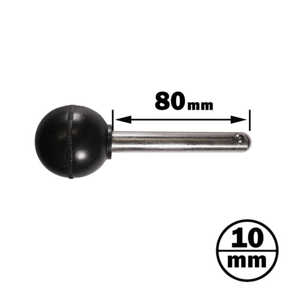 Image of the Locking Pin 80mm D10mm, featuring a metal rod with a black spherical handle on one end, as indicated by labels.