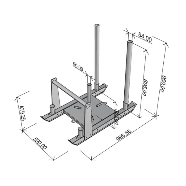 Diagram of a metal sled with measurements, ideal as a weight sled. It features a flat base, two vertical poles, and two horizontal bars. Dimensions include 995.5 mm length, 500 mm width, 479.25 mm height, with the poles at 54 mm and 960 mm.