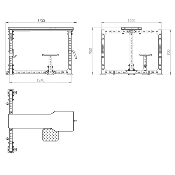 Technical drawing of the ATX® Seal Row Bench structure, with measurements in millimeters. Front view illustrates the rack, while top view shows bench layout. Labels denote various dimensions like width, depth, and height.