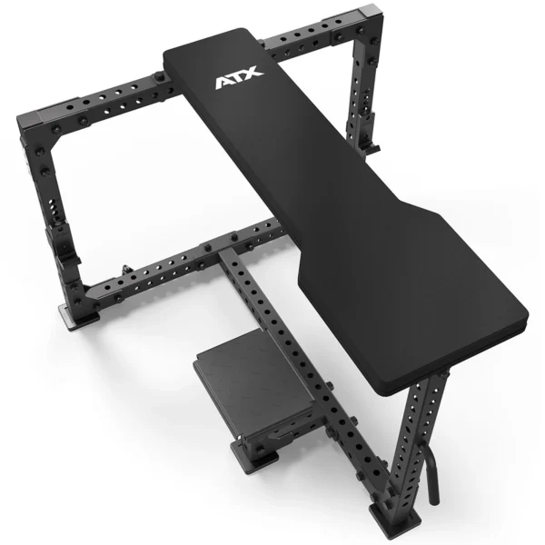 The ATX® Seal Row Bench is a durable adjustable bench with a black padded surface and strong metal frame, perfect for gym use. The ATX brand logo is prominently featured.