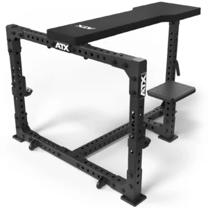 The ATX® Seal Row Bench is a black adjustable workout bench with a padded seat and foot platform, ideal for gym exercises like hip thrusts. It has a sturdy steel frame with multiple holes for customization, making it as versatile as a prone row bench.