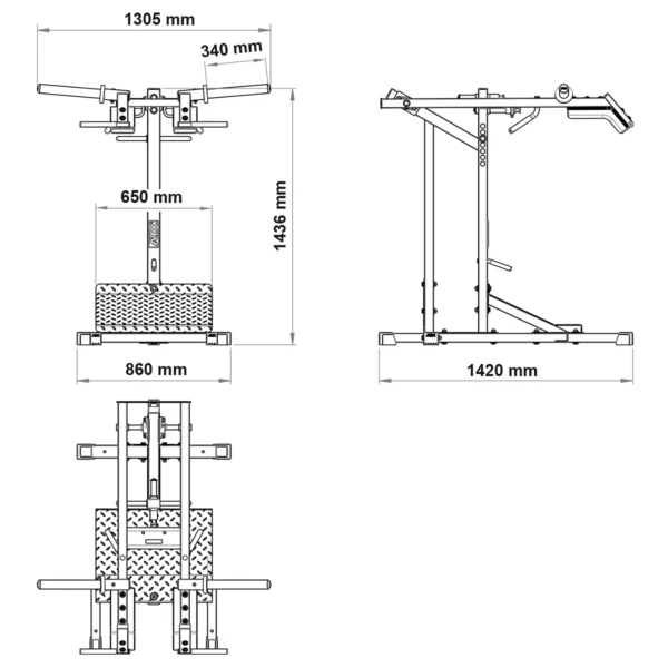 Diagram of a leverage squat machine with three views: front, side, and top. Dimensions are labeled: height 1433 mm, width 1305 mm, depth 860 mm. The design includes handles and a padded section for optimal comfort and performance.