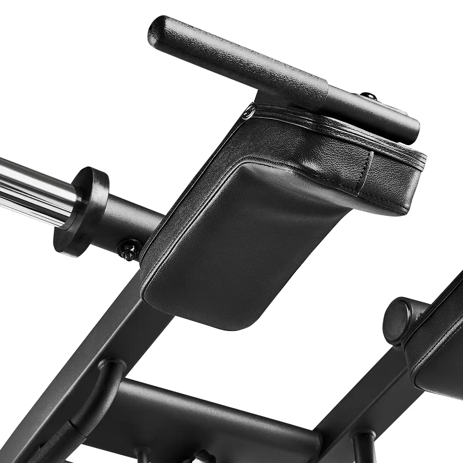 Close-up of a black padded armrest on a leverage squat machine. The armrest is attached to a metal frame with a handlebar and cylindrical support, designed for comfort during exercises.