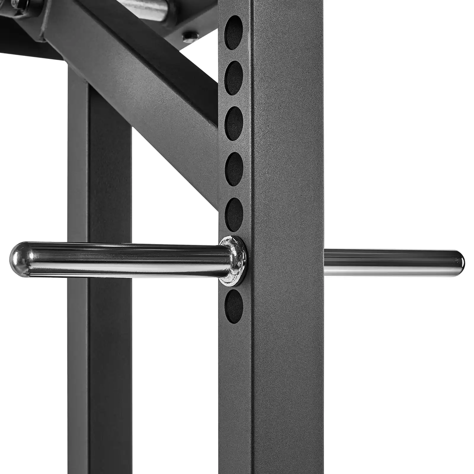 Close-up of a black metal weight rack with two horizontal pegs for holding weight plates. Designed to complement the leverage squat machine, its structure features adjustable holes for varying weight positions. The surface is smooth and reflective.