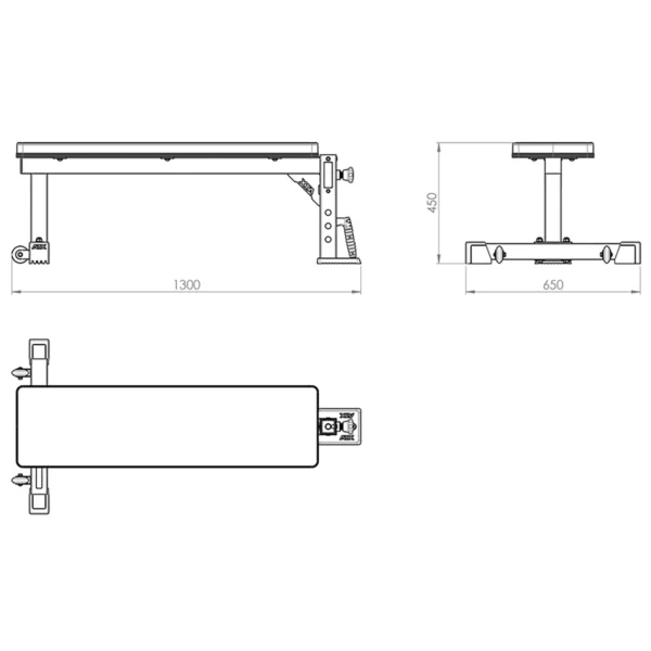 The ATX® Flat Workout Bench Attachment drawing shows dimensions: side view at 1300mm length and 450mm height, top view at 650mm width. It includes an adjustable lever and wheels for easy mobility.