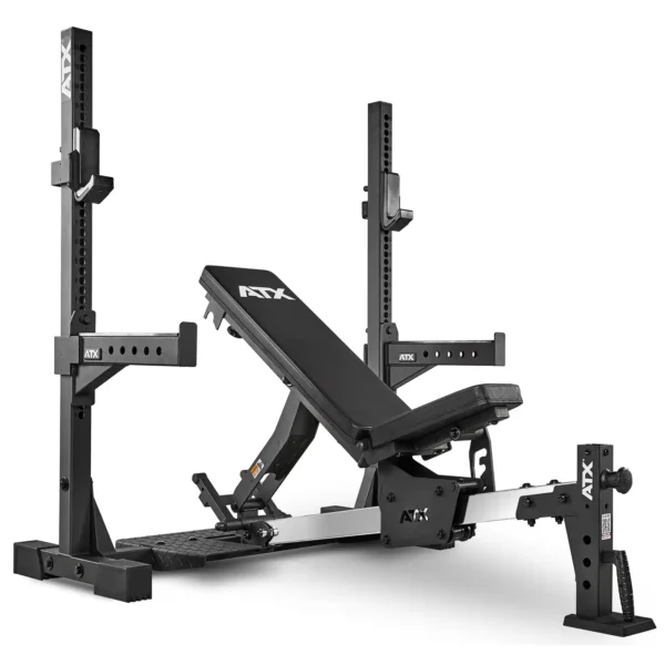 The ATX® Adjustable Bench Press is a black commercial bench and rack combo that features a squat stand with adjustable barbell holders, boasting sturdy construction ideal for weightlifting exercises.