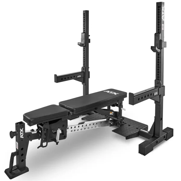 The ATX® Adjustable Bench Press is a commercial black bench with a sturdy metal frame and dual vertical racks for barbell support. It includes padded seats and foot support, making it perfect for various strength training exercises like bench presses.