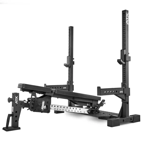 Explore the ATX® Adjustable Bench Press, a commercial-grade gym bench with an adjustable incline backrest, padded seat, and multiple height settings for versatile workouts. Includes barbell rack.