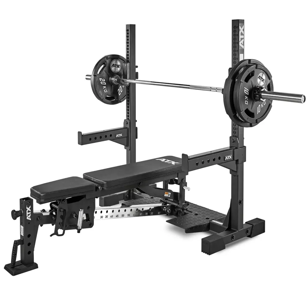 The ATX® Adjustable Bench Press features a black design, a barbell with 20 kg plates, safety racks, and the ATX logo on a plain white background.