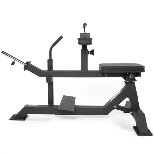 Side view of a Seated Calf Raise Machine featuring a black padded seat, weight stack, and adjustable handlebars. It includes a foot platform and a sturdy metal frame, perfect for strength training exercises.