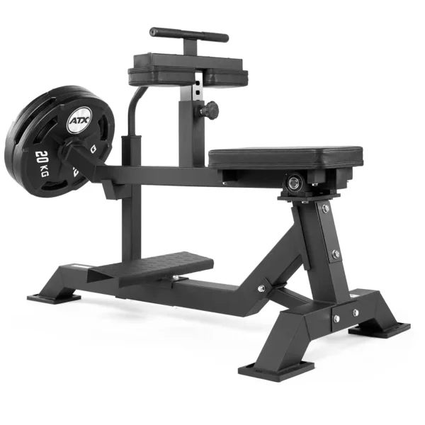 The ATX seated calf raise machine features a padded seat, foot platforms, and side weight plates. It boasts a sturdy metal frame with adjustable components, making it ideal for resistance training.