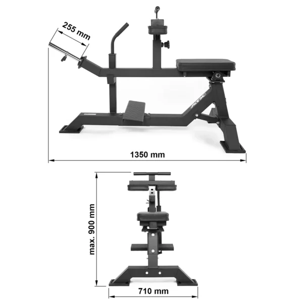A black seated calf raise machine with a padded seat and foot platform, showcasing dimensions: 1350 mm long, 710 mm wide, and standing at a maximum height of 900 mm. The armrest measures 255 mm. Its design includes adjustable components for tailored workout use.