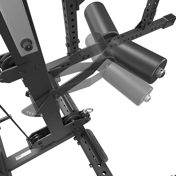 Close-up view of the ATX® Lat Option 780 Plate Loaded, a black and gray adjustable weightlifting machine with durable padded supports, cable system, plate-loaded lat pulldown attachment, multiple positions, and sturdy construction for various strength training exercises.
