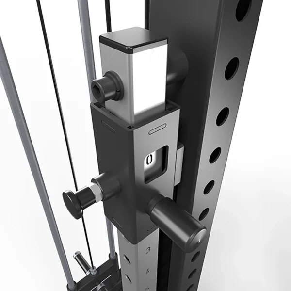 The ATX® Lat Option 780 Plate Loaded features a close-up view of its adjustable weight mechanism with metallic structure, knobs, and holes for height setting. It includes a lat pulldown attachment and steel cables, predominantly black with silver accents.