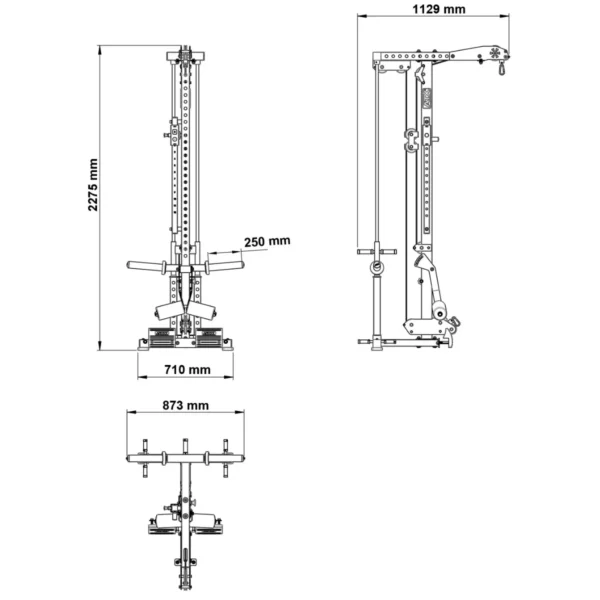 Technical drawing of the ATX® Lat Option 780 Plate Loaded gym cable machine includes three views with measurements: front (height 2276 mm, width 710 mm), side (depth 1129 mm), and top (width 873 mm). Measurements show movable parts and connection points.