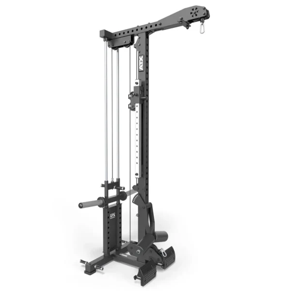 The ATX® Lat Option 780 Plate Loaded is a black adjustable cable machine featuring a pulley system, weight stack, foot braces, and cable handles, designed for versatile resistance training with a plate-loaded lat pulldown attachment.
