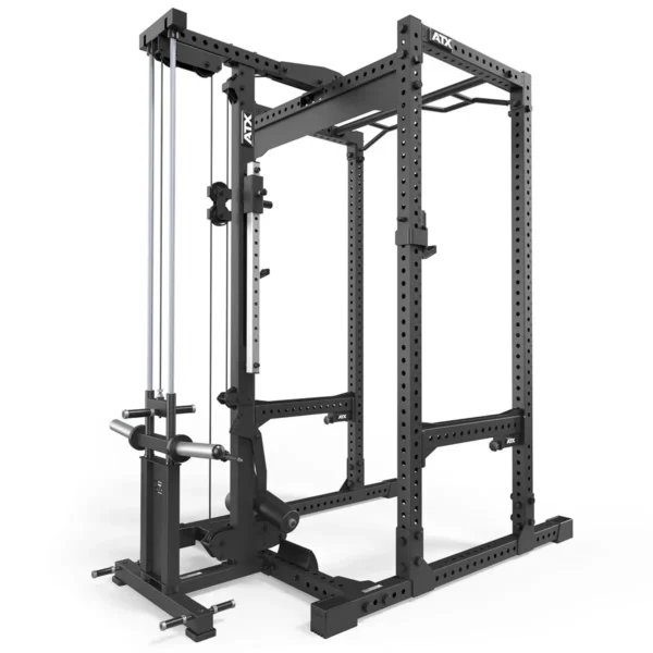 The ATX® Lat Option 780 Plate Loaded is a black power rack featuring a cable pulley system, adjustable bars, and multiple customization holes. Its sturdy metal frame supports weightlifting and strength training exercises, all within a clean, compact design.