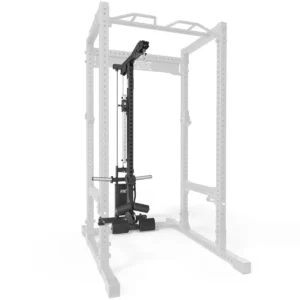 The black ATX® Lat Option 780 Plate Loaded is mounted on a light gray power rack frame, featuring handles for various exercises. This sturdy metal rack has multiple adjustment holes.