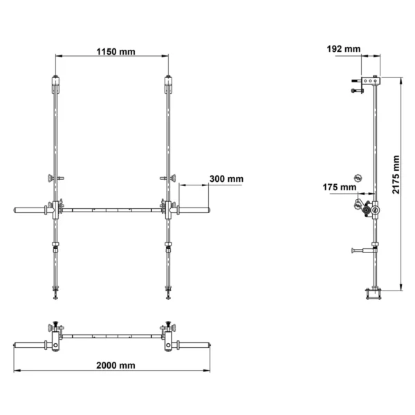 A technical diagram illustrates the mechanical assembly with rods and adjustable parts, including the ATX® Smith Machine Bar Attachment - PRX-780. The structure is 1150 mm tall and 2000 mm wide, offering detailed measurements for smaller components.