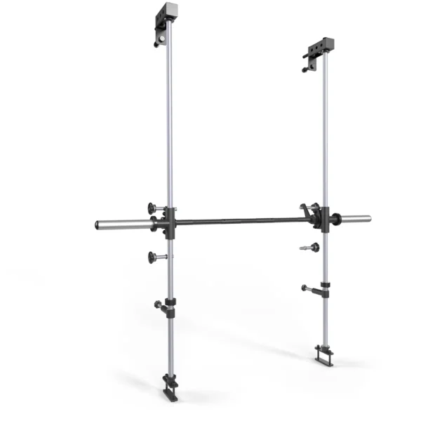 A digital rendering of the ATX® Smith Machine Bar Attachment - PRX-780 features two vertical metal rods joined by a horizontal bar. The rods display adjustable components and knobs, likely for precision measurement adjustments.