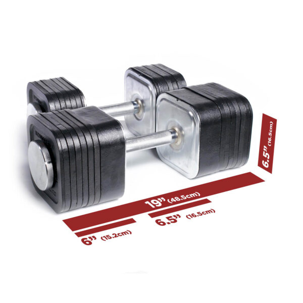The Ironmaster Quick-Lock Add On Kit offers sleek black weights with silver handles, blending style and functionality. Measuring 6 wide, 19 long, and 6.5 high, its a compact yet powerful addition to your fitness routine.