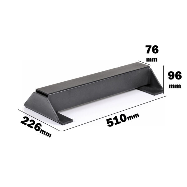 The image shows an Ironmaster Calf Block, a black rectangular metal object with dimensions: length 510mm, width 76mm, height 96mm, and a base width of 226mm. It resembles a structural support bracket or beam in its sturdy design and purpose.