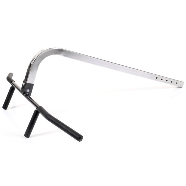 The Ironmaster Chin Up Attachment is crafted from durable metal and features a long, adjustable arm with multiple holes for customization. It includes two black, rubber handles for easy use, designed to efficiently assist in transport activities.