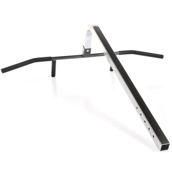 The Ironmaster Chin Up Attachment is a black pull-up bar featuring padded grips and a long metal mounting bracket, shown on a white background. It includes multiple holes for adjustable installation.
