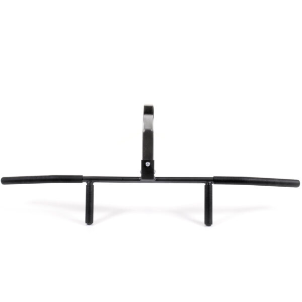 The Ironmaster Chin Up Attachment is a black bar designed for strength training, featuring two horizontal and two vertical grips. Its mounted for home gym use, shown against a plain white background.