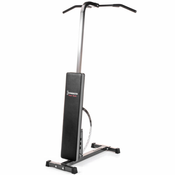 The Ironmaster Chin Up Attachment is a vertical gym machine for upper body workouts, equipped with a padded backrest, top handlebars, and a stable base. It features a metallic frame with a sleek design and adjustable height settings.