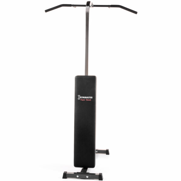The Ironmaster Chin Up Attachment is a vertical workout machine featuring a pull-up bar, padded backrest with the Ironmaster branding, and stands on a sturdy base with black and silver components for upper body exercises.