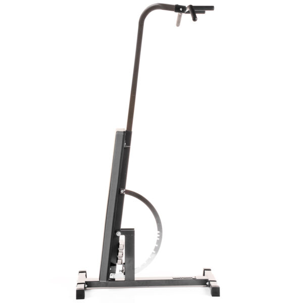The Ironmaster Chin Up Attachment is a black vertical exercise machine featuring a curved frame and a handlebar at the top. Its wide base ensures stability, making it ideal for arm, leg, or full-body workouts.