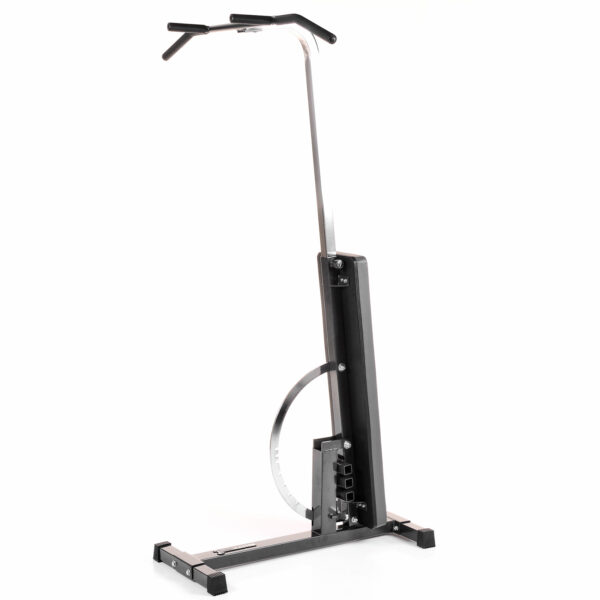 The Ironmaster Chin Up Attachment is a black vertical climbing exercise machine with top handles, a central frame, and a stable base. Its designed for home fitness, replicating the action of climbing.