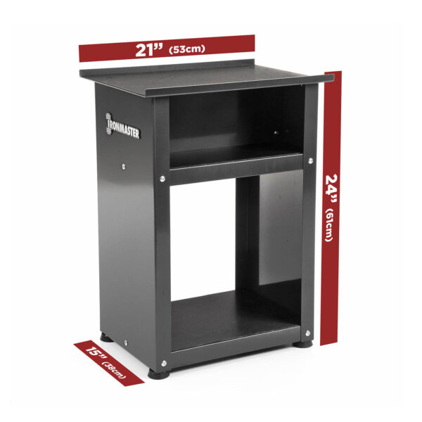 The sleek black Ironmaster stand, measuring 21 inches wide, 15 inches deep, and 24 inches tall, features a top shelf and an open compartment ideal for organizing gym equipment and storing Ironmaster Quick-Lock Adjustable Dumbbells.