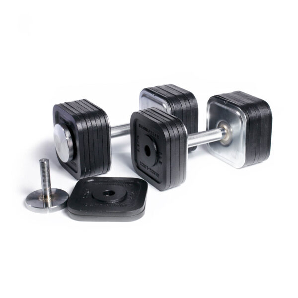 A pair of Ironmaster Quick-Lock Adjustable Dumbbells featuring black and silver plates are shown. One is assembled, while the other shows its components—plates and a screw—laid out for a clear view against a white background.