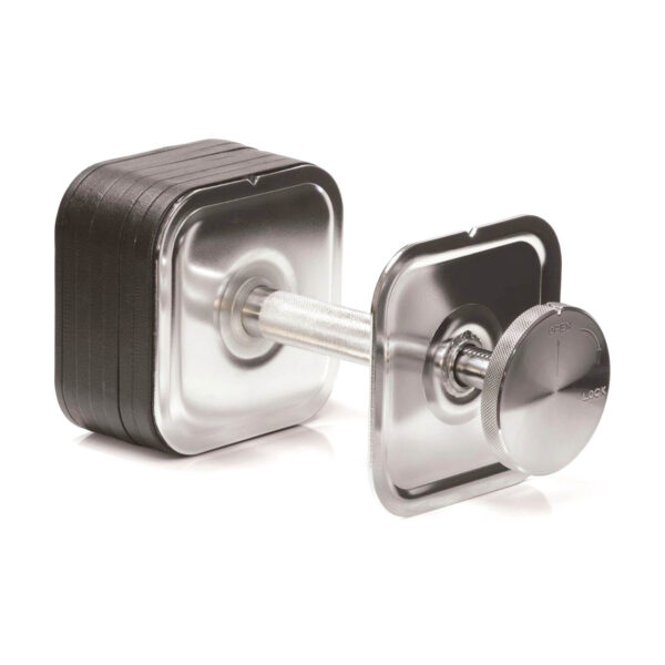 The Ironmaster Quick-Lock Adjustable Dumbbells feature a metallic square design with grip handles and easy-to-use weight adjustment. Their versatile build supports multiple configurations, perfect for diverse workouts.