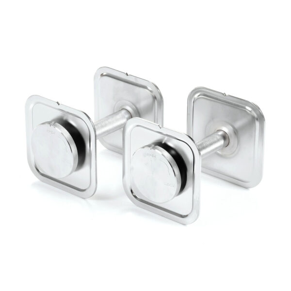A pair of chrome-finished door knob sets with square backplates and round knobs, reminiscent of the sleek design seen in Ironmaster Quick-Lock Adjustable Dumbbells. Their shiny metal surface reflects light, highlighting a modern aesthetic ideal for interior doors.