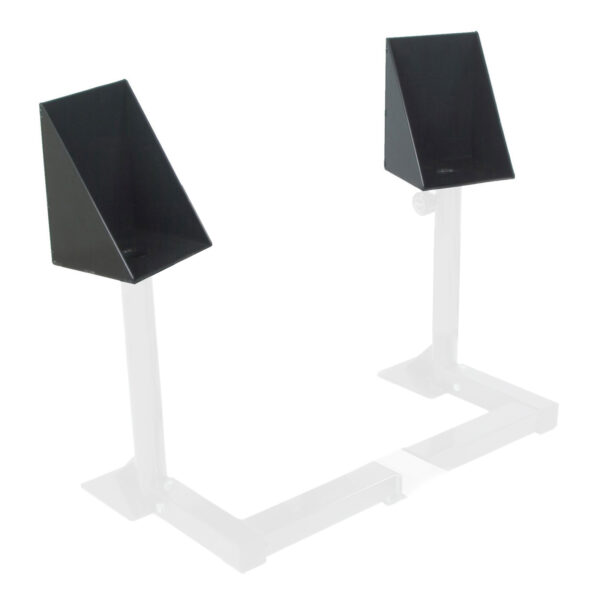 The Ironmaster Dumbbell Spotting Stand BASE is a minimalistic metal stand with two black triangular supports at opposite ends, a rectangular frame base, vertical posts, and angled holders designed to hold objects securely.