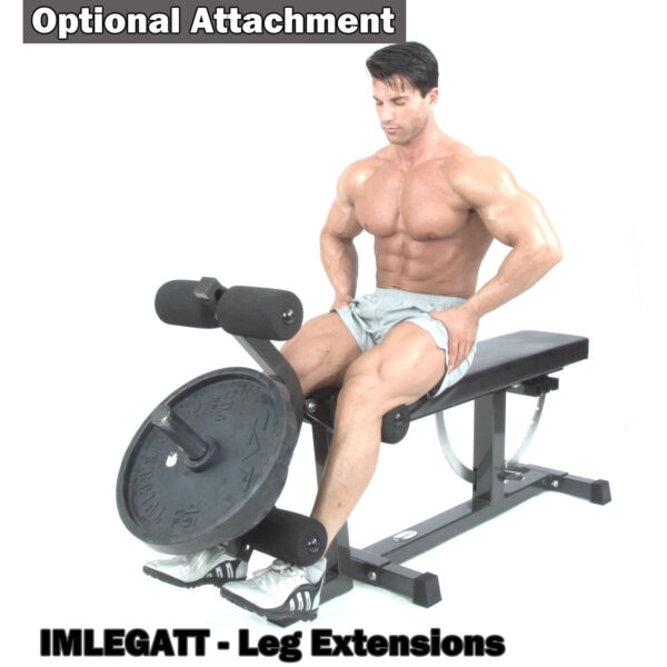 A person performs leg extensions on the Ironmaster Super Weights Bench, with weights attached. The equipment, identified as IMLEGATT - Leg Extensions, contrasts against a stark white background, accompanied by text stating Optional Attachment.