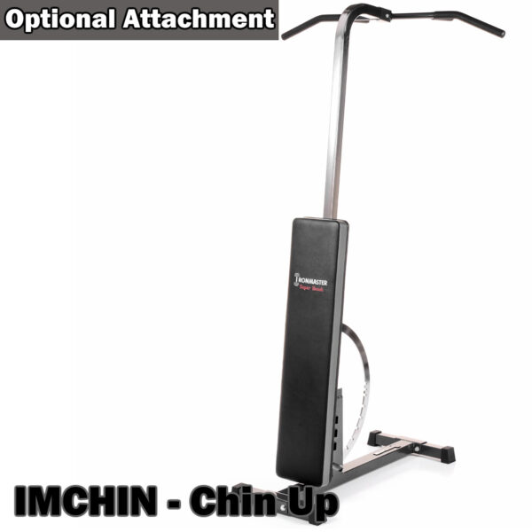 The IMCHIN Chin Up station, with a padded backrest and optional attachment label, integrates seamlessly with your Ironmaster Super Weights Bench. This metallic structure with sleek black padding is ideal for upper body workouts.