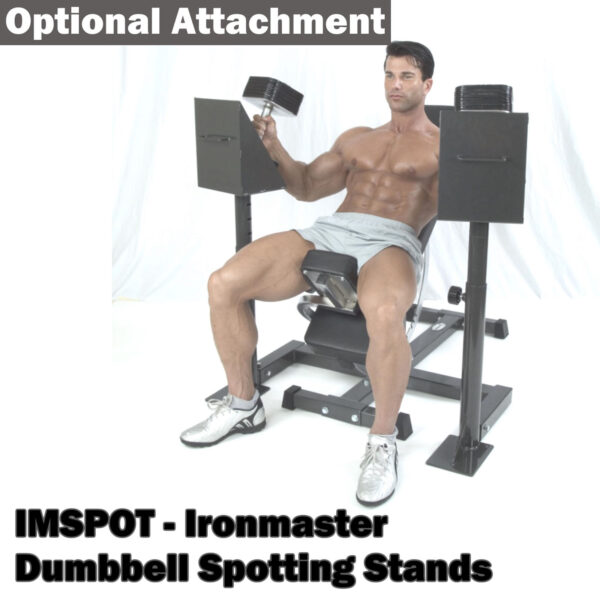 A person sits shirtless on an Ironmaster Super Weights Bench, holding a dumbbell and wearing shorts and athletic shoes to showcase its versatility. Text at the bottom reads Ironmaster Super Weights Bench.