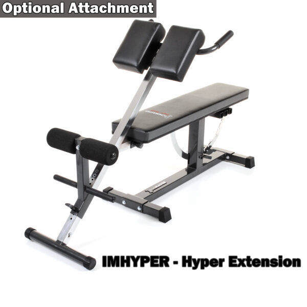 The IMHYPER - Hyper Extension, an optional attachment for the Ironmaster Super Weights Bench, includes a padded bench and adjustable support bars for hyperextension exercises.