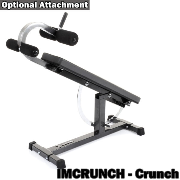 The Ironmaster Super Weights Bench is an adjustable black exercise bench with padded handles and leg supports, ideal for abdominal crunches. Labeled Optional Attachment and IMCRUNCH - Crunch, its perfect for a comprehensive workout experience.