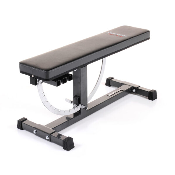 The Ironmaster Super Weights Bench is an adjustable, black weight bench set featuring a cushioned seat and backrest with a sturdy metal frame that offers multiple incline positions.