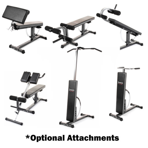 Discover the Ironmaster Super Weights Bench, featuring optional attachments like a weight bench set and a vertical pull-up station, each with adjustable features for versatile workouts.