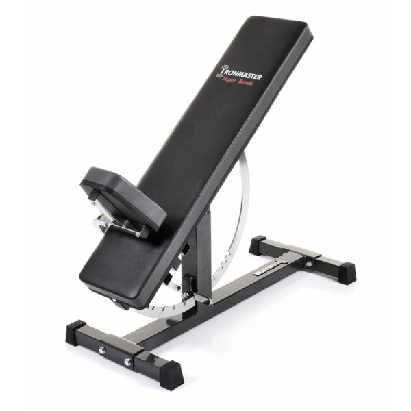 Featuring black padding and a sturdy metal frame, the Ironmaster Super Weights Bench includes an attached seat and incline-capable backrest. Rubber foot caps ensure stability, while its brand logo is prominently displayed on the backrest.